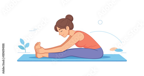 Woman doing yoga stretching exercise on mat, flat vector illustration