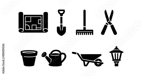 Garden tools and icons: shovel, rake, shears, pot, watering can, wheelbarrow, lamp