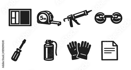 Illustration of various tools including tape measure, caulking gun, squeegee, and more