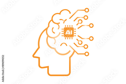 Artificial intelligence brain icon with digital circuit connections, AI technology concept, machine learning innovation, neural network illustration, smart data processing and future tech design