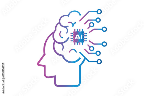 Artificial intelligence brain icon with digital circuit connections, AI technology concept, machine learning innovation, neural network illustration, smart data processing and future tech design