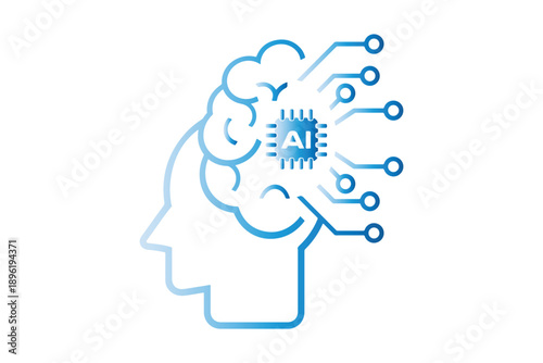 Artificial intelligence brain icon with digital circuit connections, AI technology concept, machine learning innovation, neural network illustration, smart data processing and future tech design