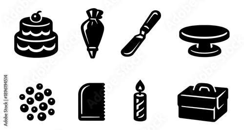 Cake decoration icons: tools, accessories, and elements