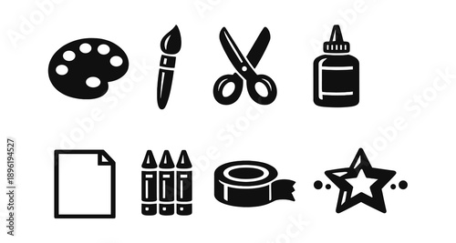 Art and craft tools collection: palette, brush, scissors, glue, paper, crayons, tape, star