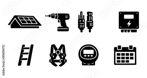 Solar installation equipment icons: panels, drill, connectors, inverter, safety gear, meter, ladder, calendar