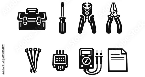 Essential electrical tools and equipment icons: toolbox, screwdriver, pliers, and more