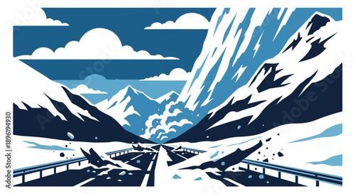 Modern vector illustration of avalanche rushing down mountains with rescue teams preparing response, emphasizing alpine safety and disaster management