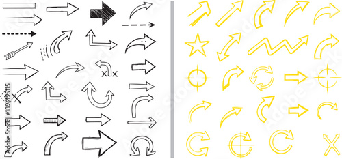 A collection of hand-drawn vector arrows and symbols in black and bright yellow. It includes curved, straight, and dashed pointers, along with stars and circular cycle icons.