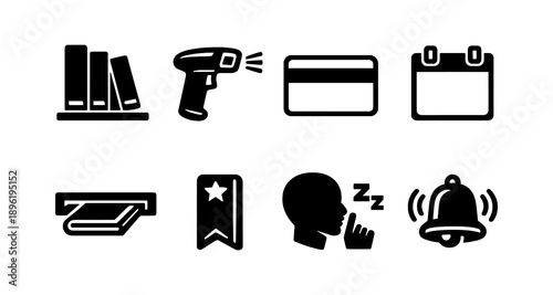Library management icons: books, scanner, card, calendar, shelf, bookmark, quiet, alert bell