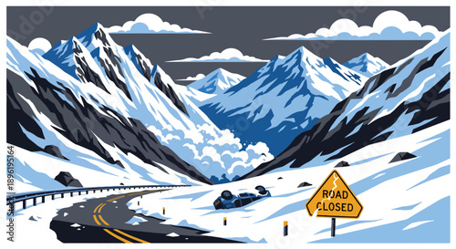 Modern vector illustration of avalanche rushing down mountains with rescue teams preparing response, emphasizing alpine safety and disaster management