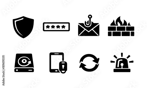 Icon set depicting cybersecurity concepts with shield, password, phishing, firewall, data recovery, mobile security, sync, and alarm