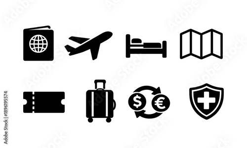 Travel icon set featuring passport, airplane, bed, map, ticket, luggage, currency, and health shield