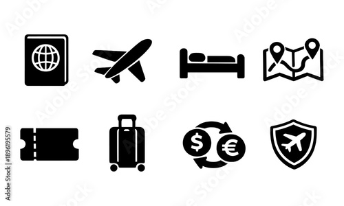 Travel essentials icons: passport, plane, bed, map, ticket, luggage, currency, insurance