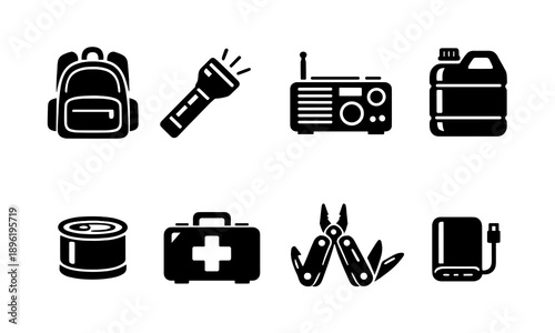 Essential survival gear icons: backpack, flashlight, radio, water, can, first aid, multitool, power bank