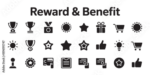 Reward and benefit icon set for business achievement marketing promotion and customer loyalty