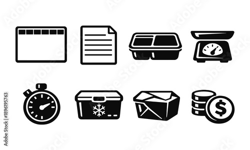 Set of black and white kitchen and office icons for diverse applications