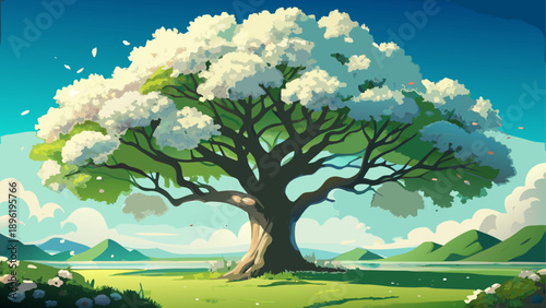 Very beautiful illustration of a lush green deciduous tree in full bloom, covered with delicate white flowers, isolated on a clean white background emphasizing natural elegance and botanical beauty.