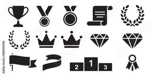 Award achievement icons trophy medal scroll laurel crown diamond ribbon podium