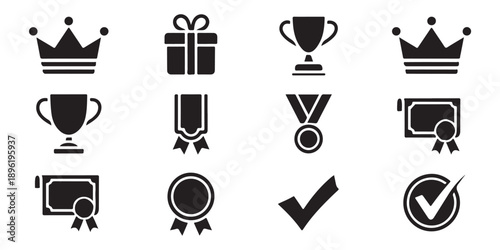 Winner achievement icon set with crown present trophy ribbon medal diploma and check marks