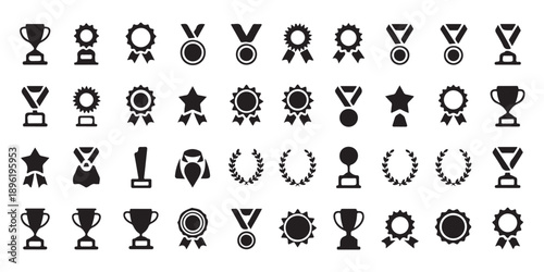 Set of black trophy, medal, award, star, ribbon, and laurel wreath icons on white background