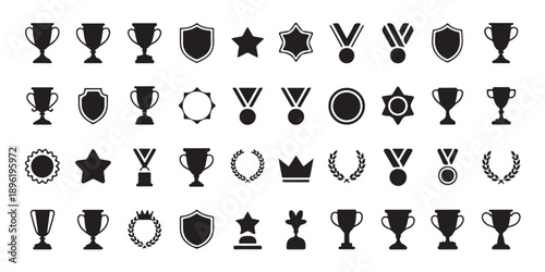 Set of black trophy, shield, star, medal, and laurel wreath icons on white background