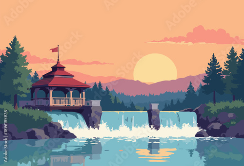 Flat travel poster Spokane, Washington riverfront park pavilion waterfalls sunset Minimalist design