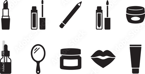 A collection of black silhouette icons representing various makeup and cosmetic products for beauty routines Vector