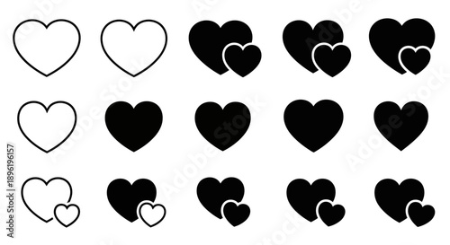 Heart Icons Set: Outline, Solid, Double Heart Symbols