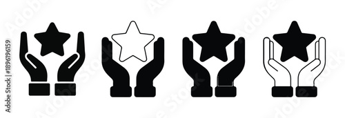 Star in hands icons set, holding star symbol, feedback and favorite sign, user rating