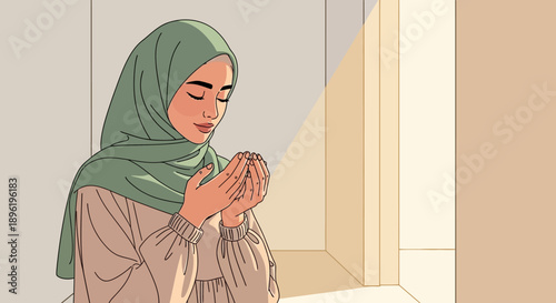 Woman in Hijab Praying with Hands Clasped, Peaceful Moment