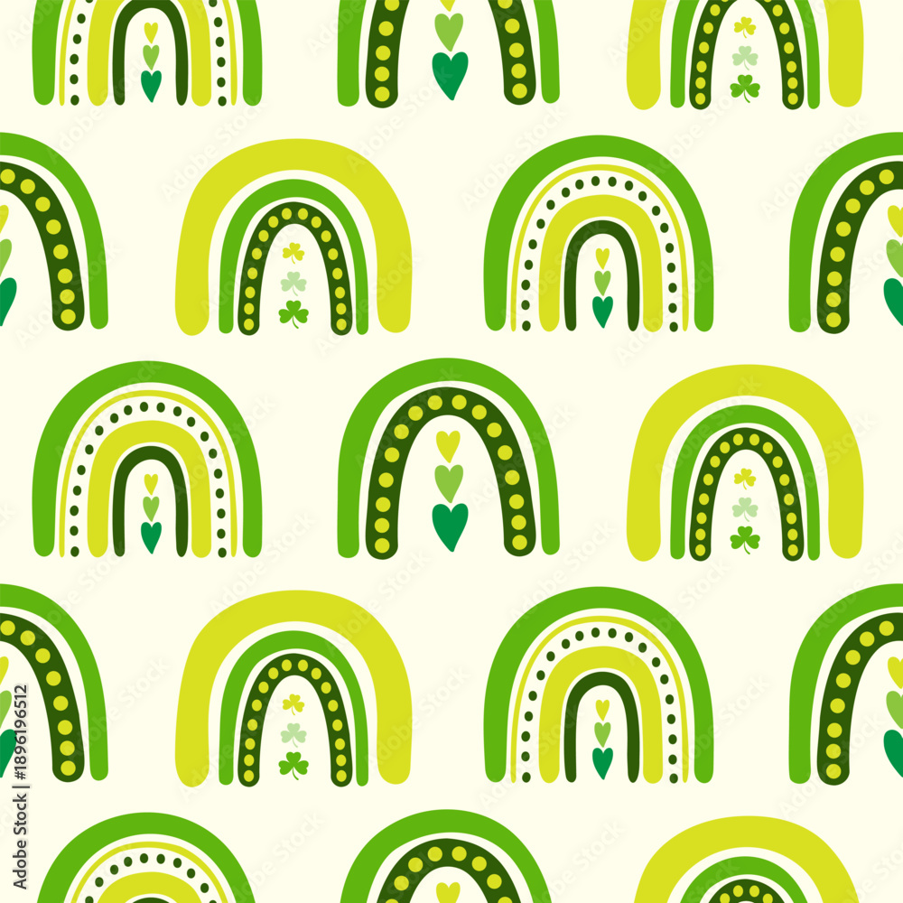 Obraz premium Seamless pattern of hand drawn Irish rainbows, clovers and hearts. Design for St. Patrick's day celebration, party decoration, scrapbooking, home decor, textile, print, paper crafts.