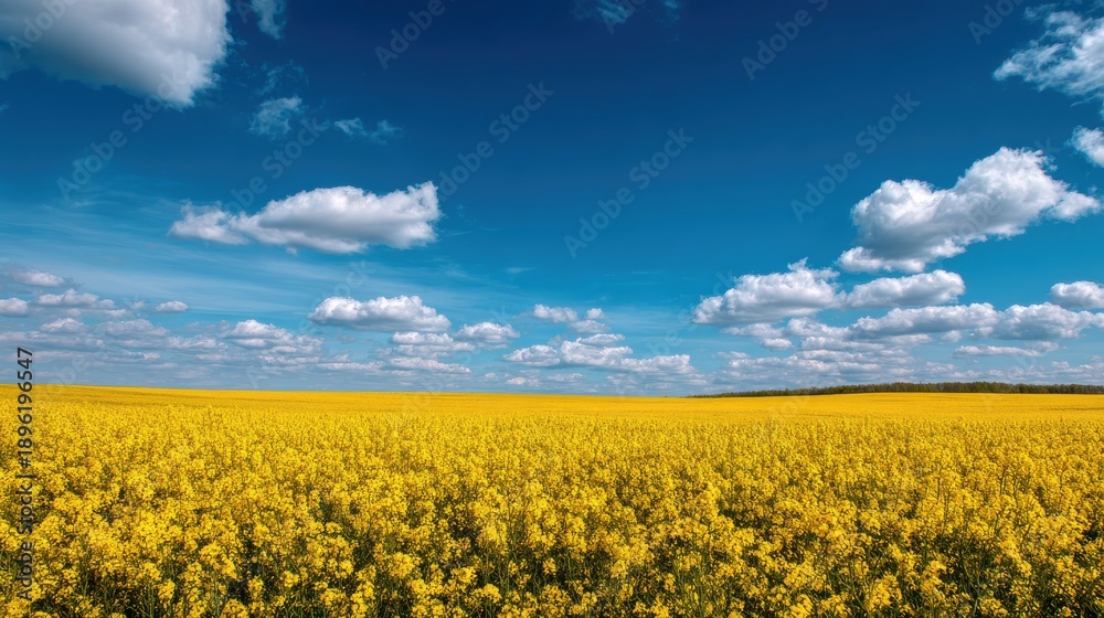 Obraz premium A wide field of yellow rapeseed flowers (Canola) with a blue sky, agriculture and bioenergy