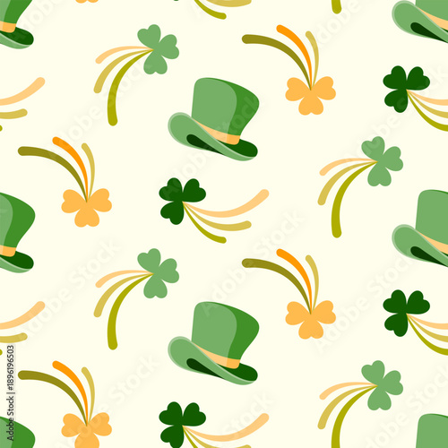 St. Patricks Day seamless pattern of lucky shamrock fireworks and Irish hats. Hand drawn design for St. Paddy day celebration, party decoration, wallpaper, scrapbooking, textile, home decor.