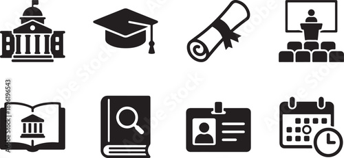 Collection of education and university icons in black silhouette style Vector