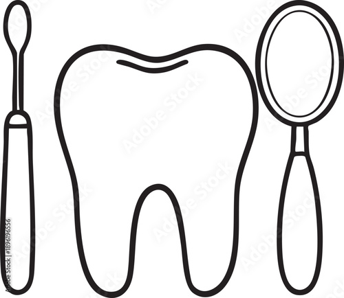 Tooth with dental tools and toothbrush on a white background illustration
