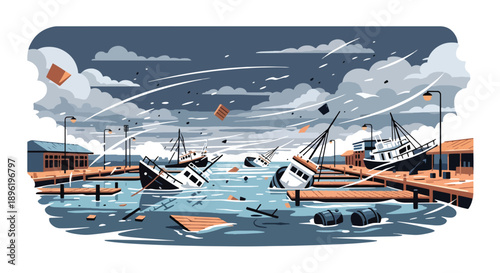 Modern vector illustration of storm surge flooding harbor areas with damaged boats and rescue crews coordinating response, highlighting coastal resilience and disaster recovery planning