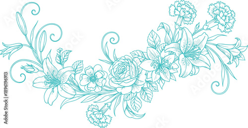 described features a turquoise floral arrangement that includes a variety of flowers such as roses, lilies, and carnations,