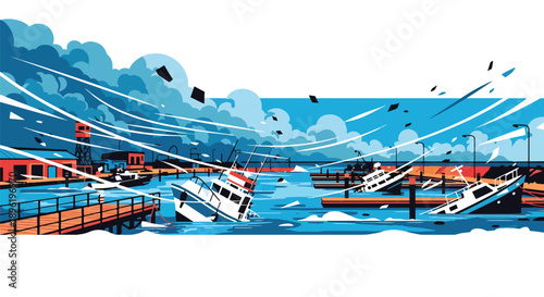 Modern vector illustration of storm surge flooding harbor areas with damaged boats and rescue crews coordinating response, highlighting coastal resilience and disaster recovery planning
