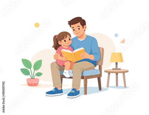 Father reading book to daughter on chair, flat vector illustration
