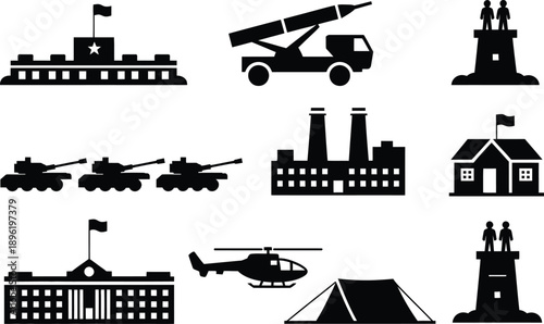 Black vector military icons showing warzone elements, armored vehicles, defense structures, missile launcher, helicopters, tents, and strategic watchtowers layout