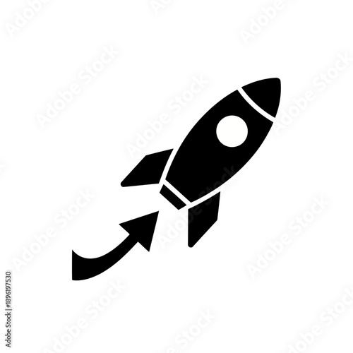 Simple black rocket icon taking off with curved trail