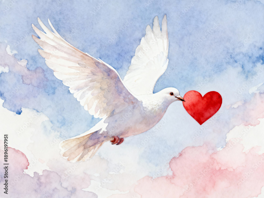 Obraz premium Dove carrying a red heart through a cloudy sky