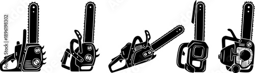 Chainsaw illustrations in a row, perfect for woodworking and forestry projects