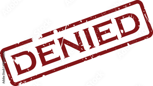 Red DENIED rubber stamp impression with a vintage grunge effect placed on a clear white background