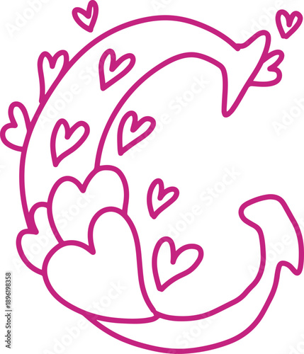 C monogram letter hand drawn with hearts. Pink alphabet symbol isolated on white.