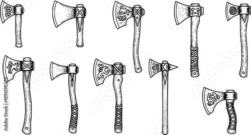 Engraved axes illustration in black and white on a white background