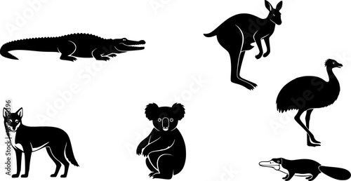Australian Animals Silhouettes: Crocodile, Kangaroo, Emu, Koala, Dingo, and Platypus