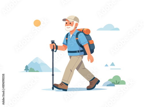 Senior man hiking with backpack and walking stick, flat vector illustration