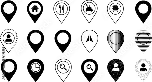 Diverse map pin icons in black and white with various graphic styles