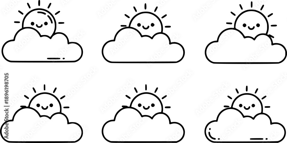 Fototapeta premium Cute cartoon sun peeking from behind a fluffy cloud, simple line art illustration